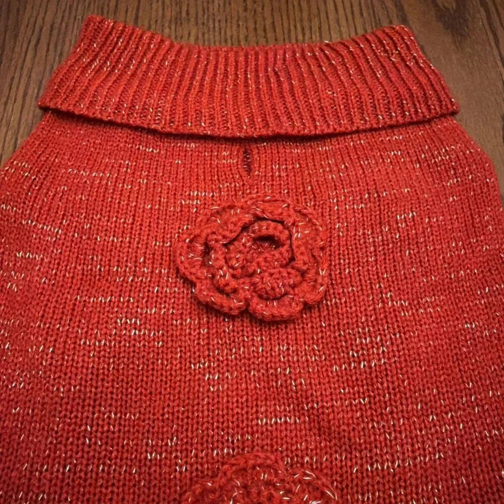 Dog Sweater Size Medium Christmas Festive Holiday Red &‎ Silver with Flowers